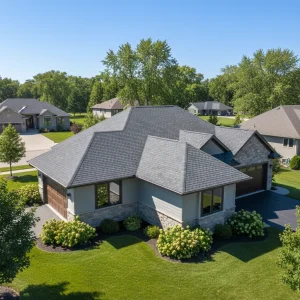 A modern, well-maintained residential house in Green Bay, Wisconsin, seen from a slightly elevated angle. The newly installed roof is prominent, showcasing durable shingles in a neutral tone. The sky is clear and bright, and the surrounding neighborhood is clean and inviting. There are no people visible, and the focus is on the quality of the roofing work and the home's exterior. No text in the image.