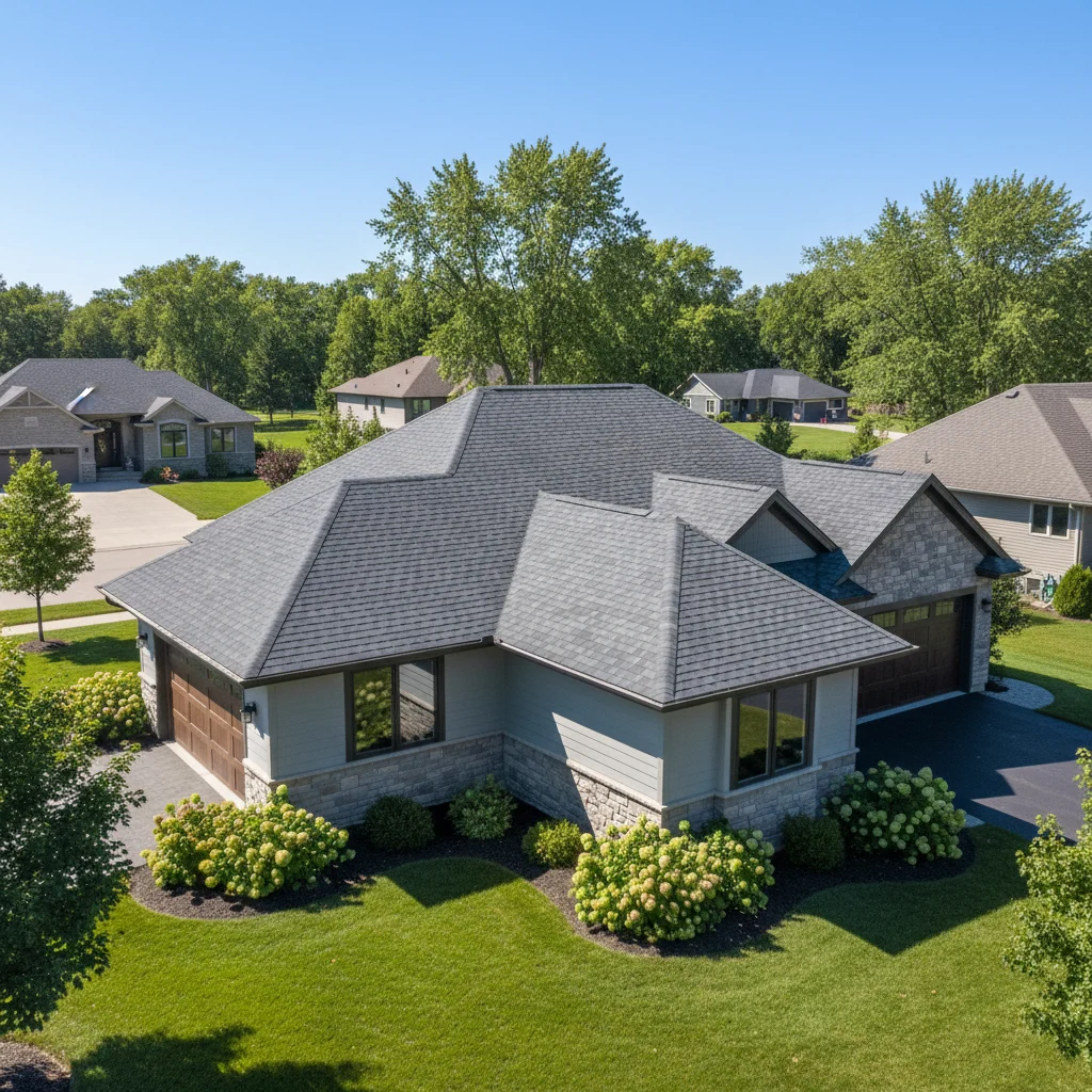A modern, well-maintained residential house in Green Bay, Wisconsin, seen from a slightly elevated angle. The newly installed roof is prominent, showcasing durable shingles in a neutral tone. The sky is clear and bright, and the surrounding neighborhood is clean and inviting. There are no people visible, and the focus is on the quality of the roofing work and the home's exterior. No text in the image.