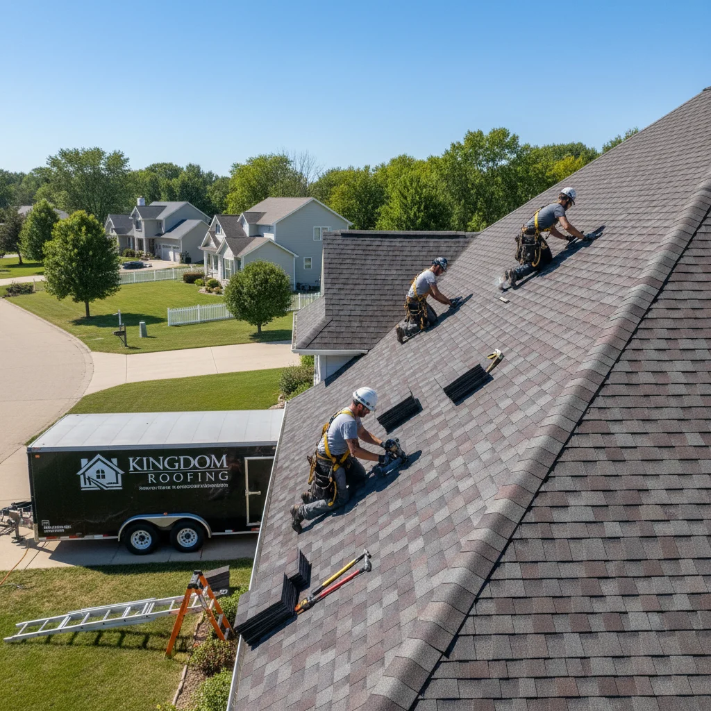 A skilled roofing crew from Kingdom Roofing efficiently installing new shingles on a residential roof in Green Bay, Wisconsin, with a clear blue sky and well-maintained houses in the background. The image should be bright, professional, and showcase teamwork, with no text.