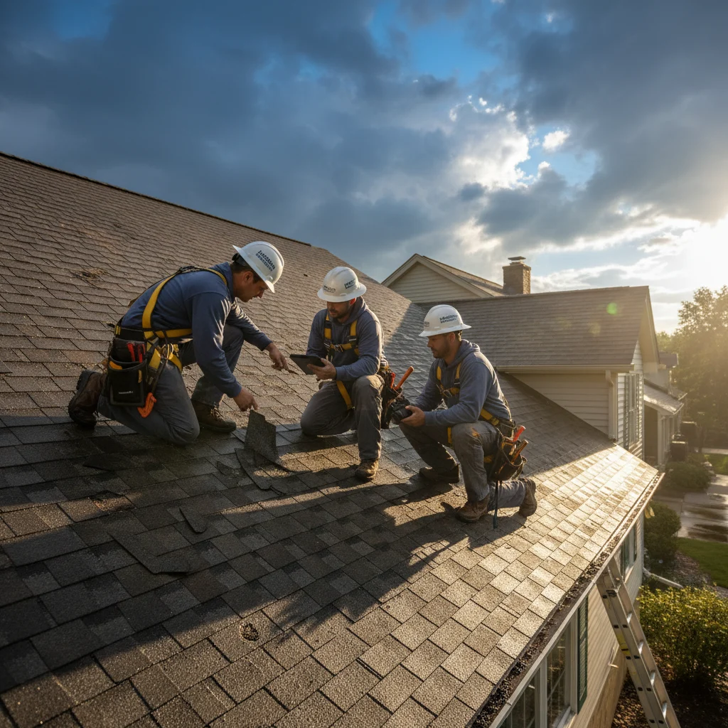 A professional roofing crew from Kingdom Roofing inspecting a damaged residential roof in Beaver Dam after a severe hail storm. The sky is clearing, showing some sunlight. The roof has visible but not catastrophic damage, with some shingles lifted or marked. The focus is on careful inspection and urgency, no text, no competitors, bright lighting, realistic style.