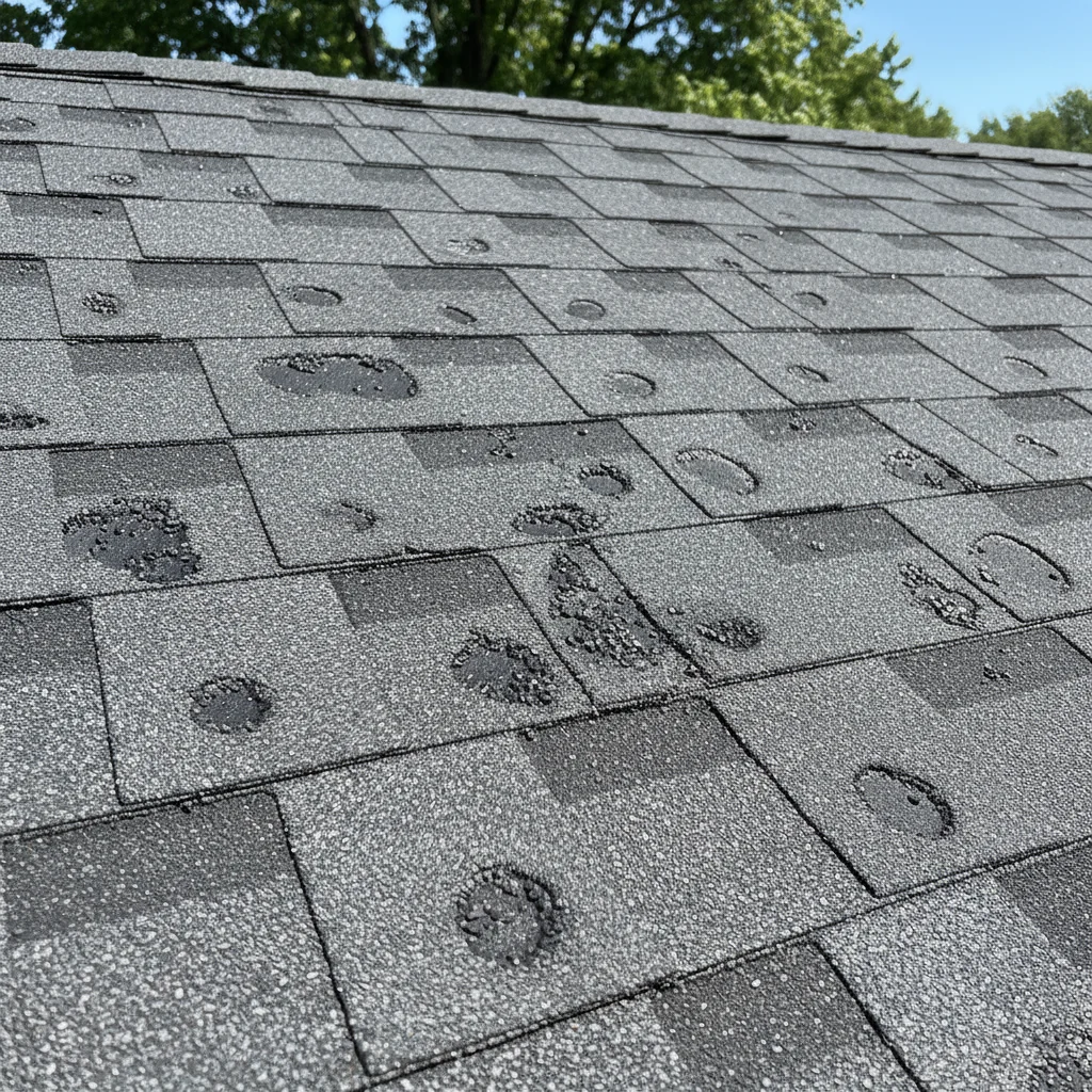 A close-up, high-angle shot of an asphalt shingle roof in Beaver Dam showing clear signs of hail damage, such as missing granules, small indentations, and a few minor cracks on the shingles. The sunlight is bright, highlighting the damage, with no text or competitors visible.