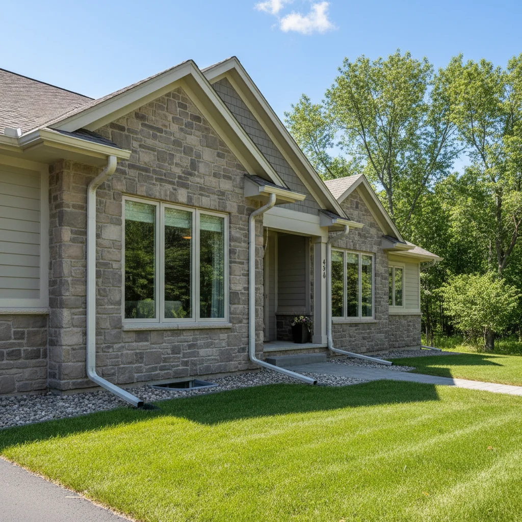 A modern, well-maintained house in Manitowoc, Wisconsin, with newly installed, clean gutters efficiently directing rainwater away from the foundation. The scene is bright and sunny, showcasing a sturdy home exterior. No text in the image, no free-standing bathtubs, no competitors, no low lighting.