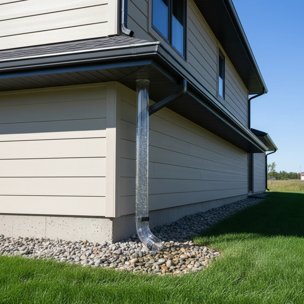 A close-up of a newly installed, sleek dark gray seamless gutter system on a modern house in Manitowoc, with a clear downspout efficiently channeling rainwater away from the foundation. The house has light-colored siding and a well-maintained green lawn. The sky is bright and clear, indicating good weather. No text in the image, no free-standing bathtubs, no competitors, no low lighting.