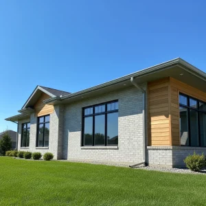 An eye-level outdoor shot of a modern house in Kaukauna, WI, featuring newly installed, clean, and functional seamless gutters. The gutters are a neutral color like grey or white, blending seamlessly with the home's exterior. There are no visible seams, highlighting the 'seamless' aspect. The background shows a well-maintained lawn and clear blue sky. The image is brightly lit, showcasing the quality of the installation, with no text or competitors present.