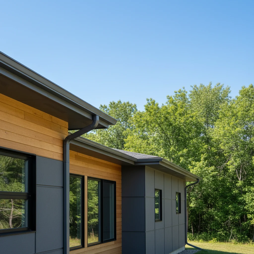A close-up shot of newly installed, sleek, grey seamless gutters on a modern home in Kaukauna, WI, with a clear blue sky and lush green trees in the background. The gutters are perfectly aligned and functional, with no visible seams. The house exterior is clean and well-maintained. No text in the image, no free-standing bathtubs, no competitors, and bright, natural lighting.