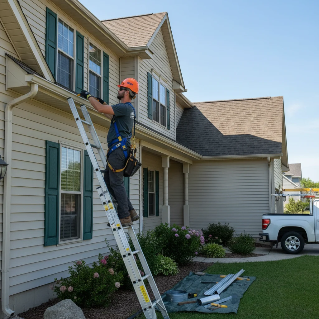 A skilled professional installer from Kingdom Roofing, wearing appropriate safety gear, carefully installing a new section of seamless gutter on a residential home in Fond du Lac. The house is well-maintained with clear skies, showcasing a clean, efficient installation process. The focus is on the precision and quality of the work, with the installer demonstrating expertise.