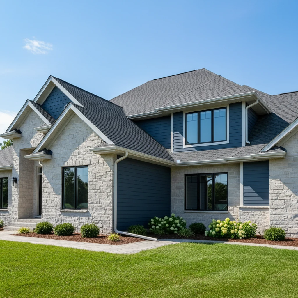 A modern, well-maintained residential home in Fond du Lac, Wisconsin, with newly installed, clean gutters visibly running along the roofline. The gutters are seamless and functional, directing water away from the house. The sky is bright and clear, and the overall impression is one of home protection and care. NO text in image, NO free standing bathtubs, no competitors, no low-lighting.