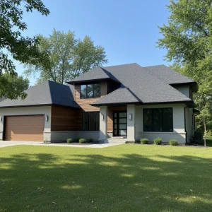 A modern, well-maintained residential house in Waupun, Wisconsin, with a newly installed, pristine asphalt shingle roof. The sun is shining, highlighting the clean lines of the roof and home. No text in image, no free standing bathtubs, no competitors, no low-lighting.