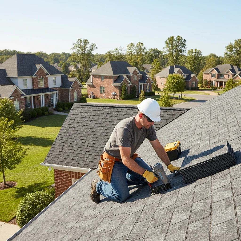 A skilled roofer carefully installing new asphalt shingles on a residential roof in Waupun, Wisconsin, with a clear blue sky and well-maintained houses in the background. The scene is bright and professional, showing attention to detail. No text in image, no free standing bathtubs, no competitors, no low-lighting.