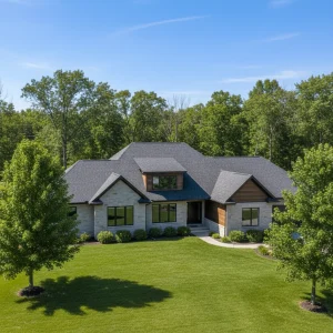 A modern, well-maintained residential house in New London, Wisconsin, featuring a newly installed, high-quality asphalt shingle roof. The house is surrounded by green lawn and mature trees under a bright, clear sky. The image should convey professionalism and quality, with no text, no free standing bathtubs, no competitors' logos, and excellent lighting. Focus on the roof as a prominent, attractive feature of the home.