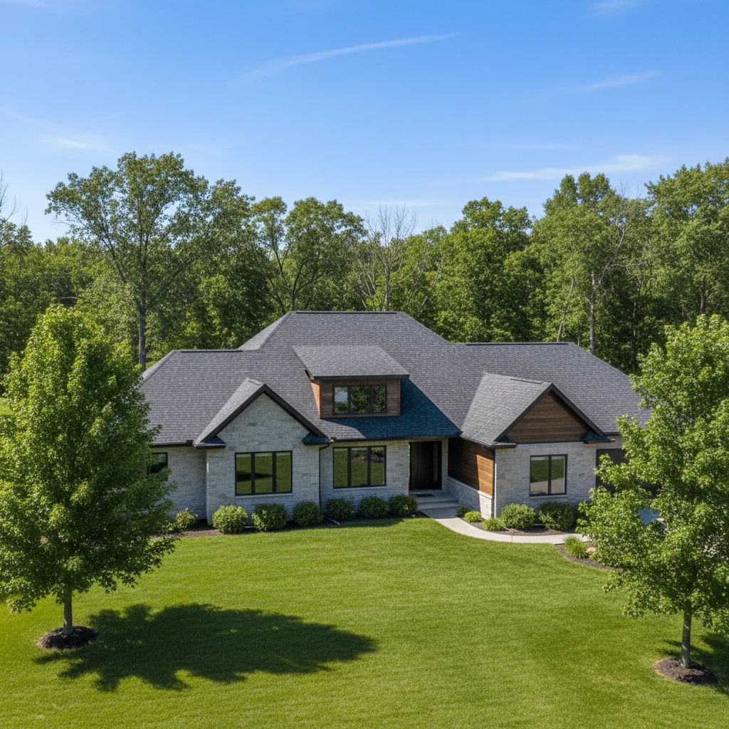 A modern, well-maintained residential house in New London, Wisconsin, featuring a newly installed, high-quality asphalt shingle roof. The house is surrounded by green lawn and mature trees under a bright, clear sky. The image should convey professionalism and quality, with no text, no free standing bathtubs, no competitors' logos, and excellent lighting. Focus on the roof as a prominent, attractive feature of the home.