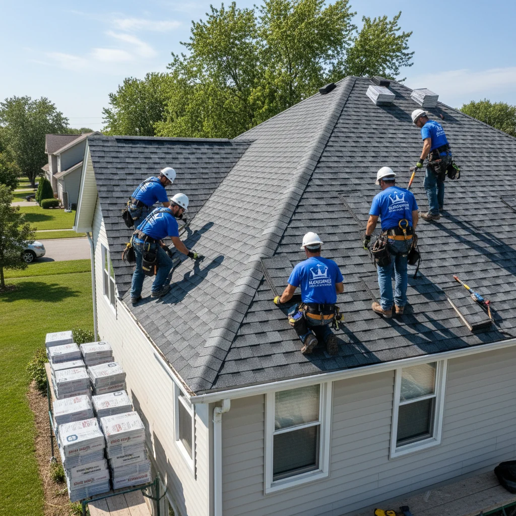 A team of professional roofing contractors from Kingdom Roofing safely and efficiently installing new asphalt shingles on a residential roof in New London, Wisconsin. The sun is shining, highlighting the clean lines of the roof and the modern shingles. The contractors are wearing safety gear, and there are no competitors' logos or text in the image. The scene is bright and professional.
