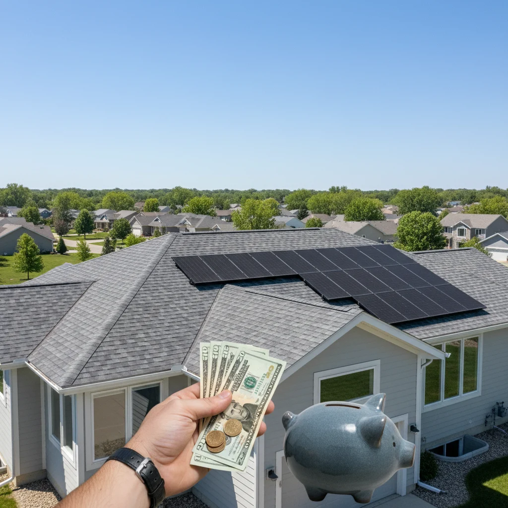 A well-maintained, modern residential roof in Oshkosh, Wisconsin, with a bright, sunny sky. In the foreground, a subtle visual element suggesting savings, like a hand holding a few dollar bills or a piggy bank, without being overly cartoonish or having text. The overall scene should convey reliability, security, and a smart investment. No visible branding or competitors. Bright, clear lighting.