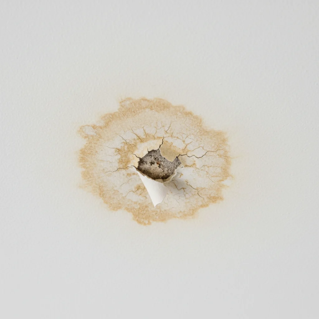 A close-up, clear, and well-lit image of a water stain on a residential ceiling, with a small patch of peeling paint, indicating a roof leak. No text, no competitors, no low-lighting.